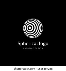 Vector logo design. Spherical globe icon with text. Template of logotype for business, communication, analytics, consult, education of world value.