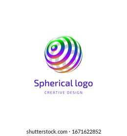 Vector logo design. Spherical globe icon with text. Template of logotype for business, communication, analytics, consult, education of world value.