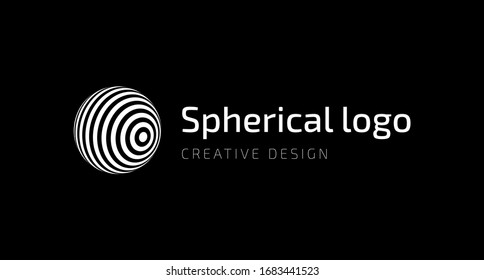 Vector logo design. Spherical globe icon with text. Template of logotype for business, communication, analytics, consult, education of world value.
