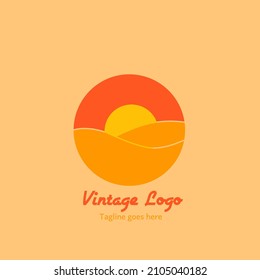 Vector logo design of sunset and surface of  water in the ocean with vintage style colored red and orange. 
