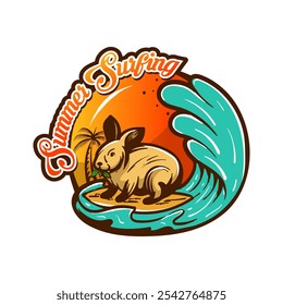 Vector logo design of a surfing rabbit eating tropical leaves