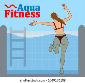 Vector logo design. Symbol of aqua aerobics and aqua fitness. Woman doing aqua fitness. 