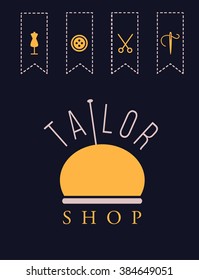 Vector logo design for taylor studio or shop. Sewing silhouette icons, cushion shape, scissors, needle, pin, button. Can be used for logo and brand design, advertisement, shops, banners, print designs