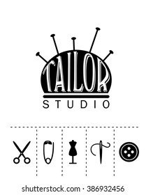 Vector logo design for taylor studio or shop. Sewing silhouette icons, cushion shape, scissors, needle, pin, button. 