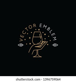 Vector logo design templat and emblem in simple line style - wine label design element and wine restaurant and bar - hand holding glass