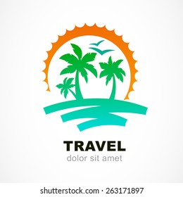 Vector logo design template. Abstract sun and palm tree on seaside. Concept for travel agency, tropical resort, beach hotel, spa. Summer vacation symbol.