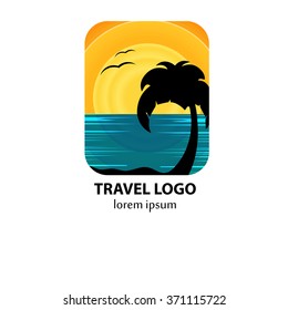 Vector logo design template. Abstract sun and palm tree on seaside. Concept for travel agency, tropical resort, beach hotel, spa. Summer vacation symbol.