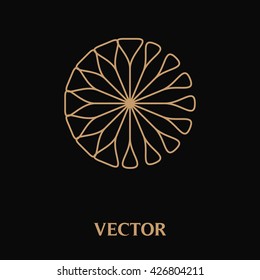 Vector logo design template. Abstract round emblem. Creative symbol in trendy linear style. Golden colors. 