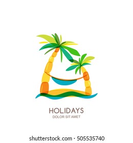Vector logo design template. Abstract colorful island, palms and hammock on seaside. Concept for travel agency, tropical resort, beach hotel, spa. Summer vacation isolated hand drawn illustration.