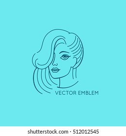 Vector logo design template and abstract concept in linear style - woman face and portrait - beauty symbol for cosmetics 