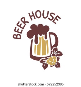 Vector logo design template for beer house, pub or brewing company isolated on white background. Illustration of beer glass with sprigs of hops. Craft beer label. EPS10. Creative beer icon.