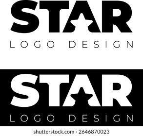 Modelo de design de logotipo de vetor com texto em negrito "STAR", onde a letra A apresenta uma estrela de recorte limpa, mostrada em ambas as versões de espaço positivo e negativo para aplicações de marca versáteis.