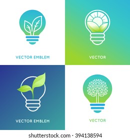 Vector logo design template in bright gradient colors - eco energy concept - light bulb icons with green leaves