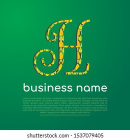 Vector logo design template for business, company, association, application, icon or button with futuristic color. Foliage Script Font Initial Letter H with Green Background