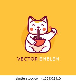 Vector logo design template in cartoon flat linear style - smiling maneki cat eating noodles - emblem, mascot, sticker or badge for asian food store or delivery