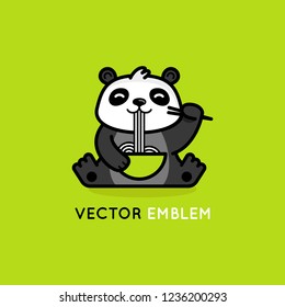 Vector logo design template in cartoon flat linear style -smiling panda bear eating noodles - emblem, mascot, sticker or badge for asian food store or delivery