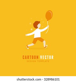Vector logo design template and cartoon mascot - abstract concept and icon for kid and children store in flat style - happy boy with balloons