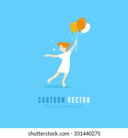 Vector logo design template and cartoon mascot - abstract concepts and icons for kid and children store in flat style - happy girl with balloons