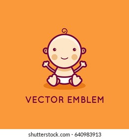 Vector logo design template in cartoon linear style - little smiling baby - love and care concept -  emblem, mascot, sticker or badge for kids store, packaging, clothes, company making child goods
