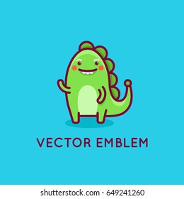 Vector logo design template in cartoon flat linear style - little smiling dinosaur- emblem, mascot, sticker or badge for kids store, center, packaging, clothes, company making child goods and products