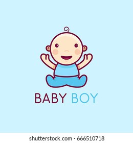 Vector logo design template in cartoon flat linear style - little smiling baby boy - love and care concept -  emblem, mascot, sticker or badge for kids store,  packaging, clothes