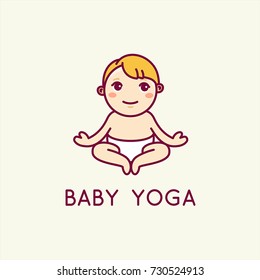 Vector logo design template in cartoon flat linear style - little smiling baby doing yoga - love and care concept -  emblem, mascot, sticker or badge for kids activity class