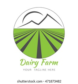 Vector logo design template in circle with agricultural field, mountains and sun. Abstract design concept for dairy farm, agronomy. Green farmer logo.