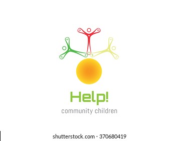 Vector logo design template. Colorful abstract  people in circle shape. Concept for social network, team work, partnership, friends, business cooperation, playing kids, celebration party.