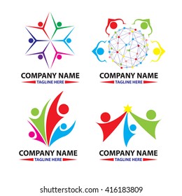 Vector logo design template. Colorful abstract happy people in circle shape. Concept for social network, team work, partnership, friends, business cooperation, playing kids, celebration party.