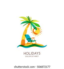 Vector logo design template. Colorful island, palms and beach chair on seaside. Concept for travel agency, tropical resort, beach hotel, spa. Summer vacation isolated hand drawn illustration.