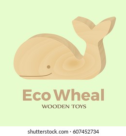 Vector logo design template for the company for the manufacture of wooden toys. A sign for an eco firm with a wooden whale toy. Realistic voluminous cute fish made of wood