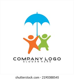 Vector logo design template with concept of little boy and girl holding umbrella. The logo can be used for finance, insurance, marketing business.