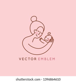 Vector logo design template and emblem in simple line style - happy mother and child - badge for children store and baby care centers