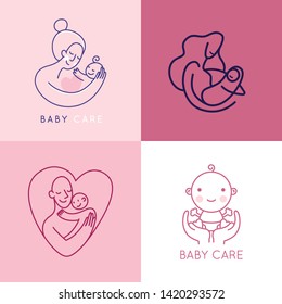 Vector logo design template and emblem in simple line style - happy mother and child - badge for children store and baby care centers