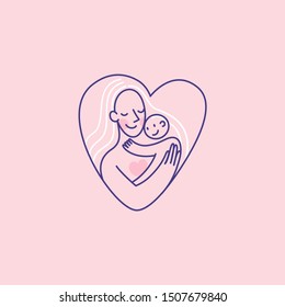 Vector logo design template and emblem in simple line style - happy mother and child - badge for children store and baby care centers, babysitting and nanny service