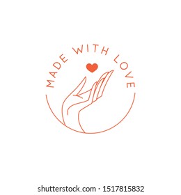 Vector logo design template and emblem in simple line style - made with love - hands and heart - hand made badge for handcrafted products