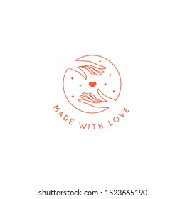 Vector logo design template and emblem in simple line style - made with love - hands and heart - hand made badge for handcrafted products