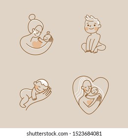 Vector logo design template and emblem in simple line style - happy mother and child - badge for children store and baby care centers, baby sitting and nanny service