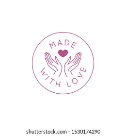 Vector logo design template and emblem in simple line style - made with love - hands and heart - hand made badge for handcrafted products