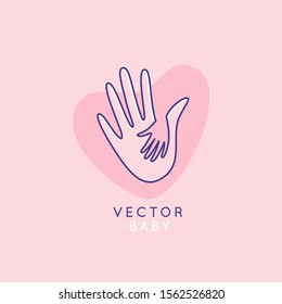 Vector logo design template and emblem in simple line style - parent's hand holding child's hand - badge for children store and baby care centers, babysitting and nanny service