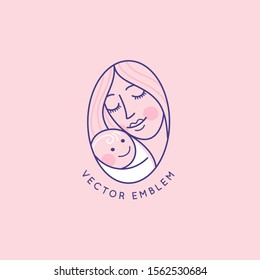 Vector Logo Design Template And Emblem In Simple Line Style - Happy Mother And Child - Badge For Children Store And Baby Care Centers, Babysitting And Nanny Service