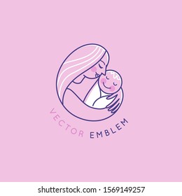 Vector logo design template and emblem in simple line style - happy mother and child - badge for children store and baby care centers, babysitting and nanny service