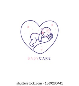 Vector logo design template and emblem in simple line style - happy smiling baby - badge for children store and baby care centers, babysitting and nanny service