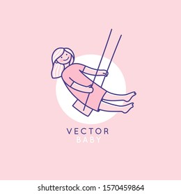 Vector logo design template and emblem in simple line style - happy smiling baby on a swing - badge for children store and baby care centers, babysitting and nanny service