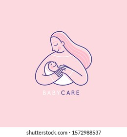 Vector Logo Design Template And Emblem In Simple Line Style - Happy Mother And Child - Badge For Children Store And Baby Care Centers, Babysitting And Nanny Service