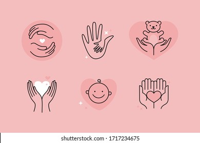 Diseño del logo vectorial y emblema en línea simple - conceptos de caridad - mano de los padres sosteniendo la mano del niño - placa para guarderías y guarderías, niñera y servicio de niñera