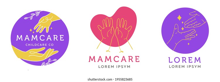 Vector Logo Design Template And Emblem In Simple Line Style - Parent's Hand And Child's Hand - Badge For Children Store And Baby Care Centers, Babysitting 