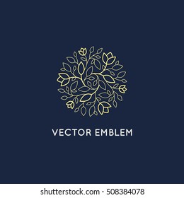 Vector logo design template and emblem made with leaves and flower - badge for yoga studios, handcrafted jewelry and organic food products - hand made cosmetics concept