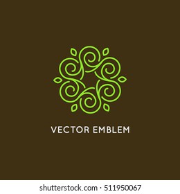 Vector logo design template and emblem made with leaves and flower - badge for yoga studios, holistic medicine centers, natural cosmetics, handcrafted jewelry and organic food products