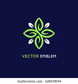 Modelo de design de logotipo vetor e emblema com pétalas e linhas - conceito de spa de beleza de luxo - emblema verde para estúdios de ioga, centros de medicina holística, produtos alimentares naturais e orgânicos e embalagens